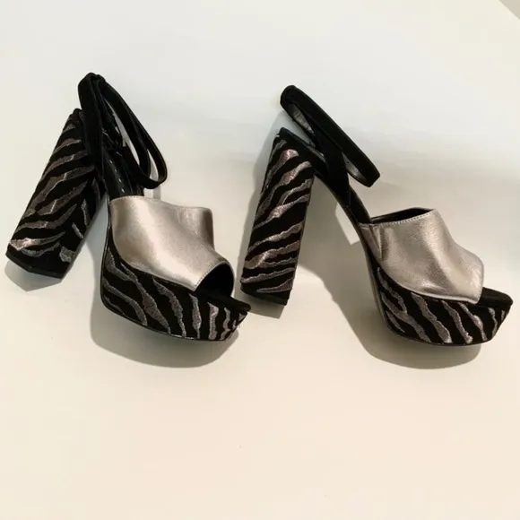 Dolce Vita Lisa Silver Black Leather Block Heel Platform Sandals Dress Shoes 9.5