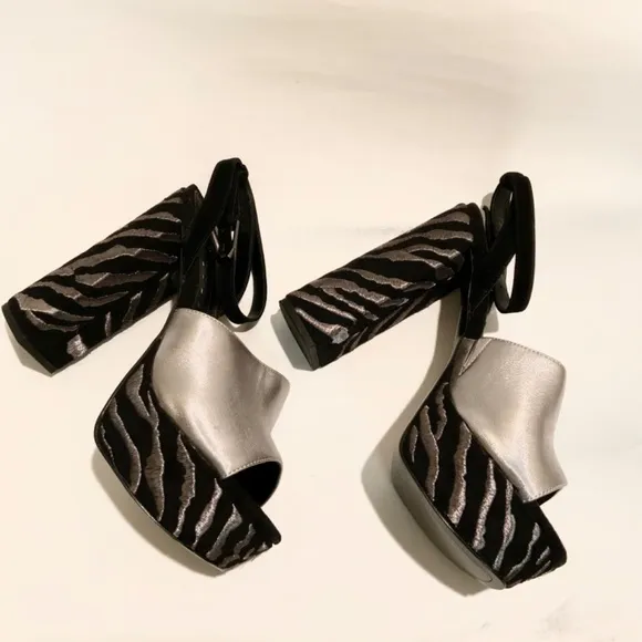 Dolce Vita Lisa Silver Black Leather Block Heel Platform Sandals Dress Shoes 9.5