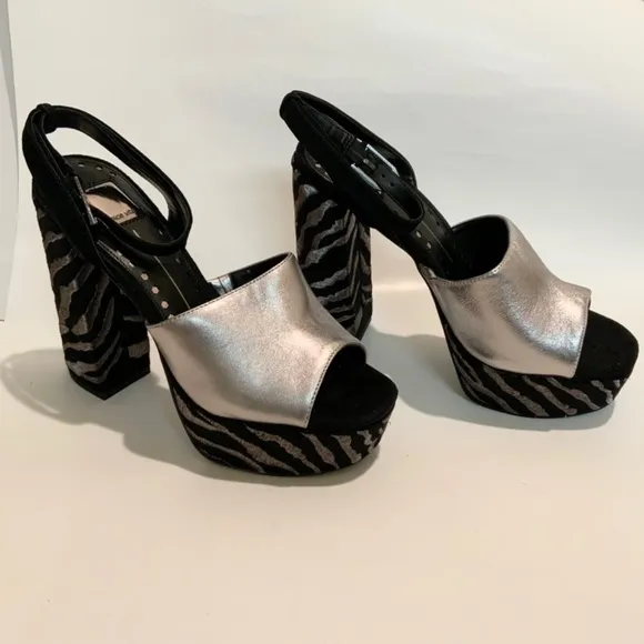 Dolce Vita Lisa Silver Black Leather Block Heel Platform Sandals Dress Shoes 9.5