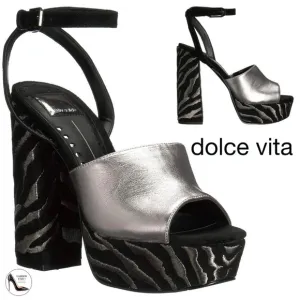 Dolce Vita Lisa Silver Black Leather Block Heel Platform Sandals Dress Shoes 9.5