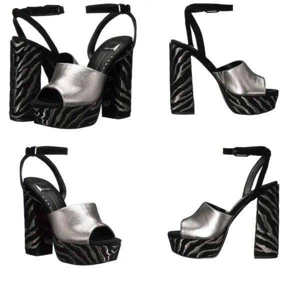 Dolce Vita Lisa Silver Black Leather Block Heel Platform Sandals Dress Shoes 9.5