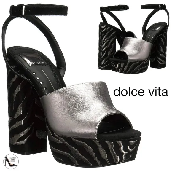 Dolce Vita Lisa Silver Black Leather Block Heel Platform Sandals Dress Shoes 9.5