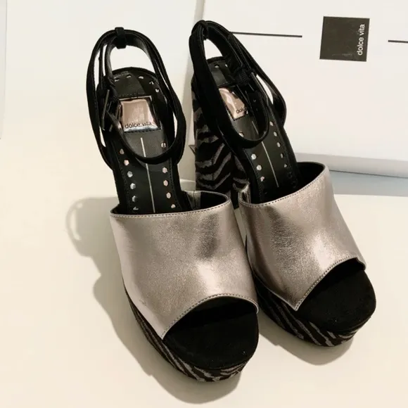 Dolce Vita Lisa Silver Black Leather Block Heel Platform Sandals Dress Shoes 9.5