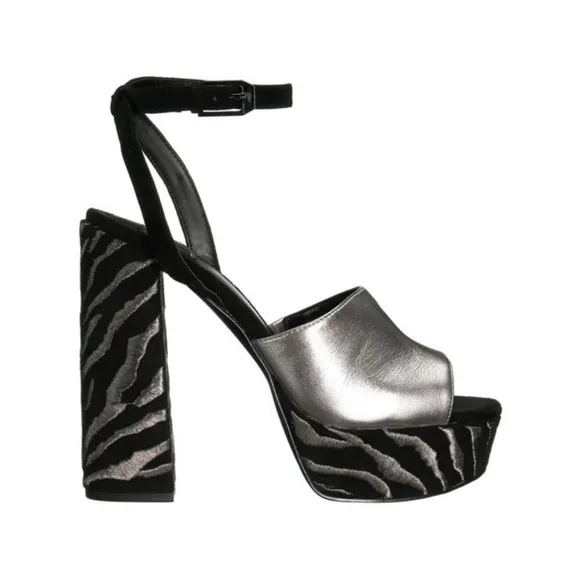 Dolce Vita Lisa Silver Black Leather Block Heel Platform Sandals Dress Shoes 9.5