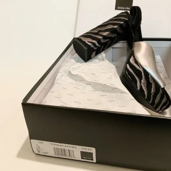 Dolce Vita Lisa Silver Black Leather Block Heel Platform Sandals Dress Shoes 9.5