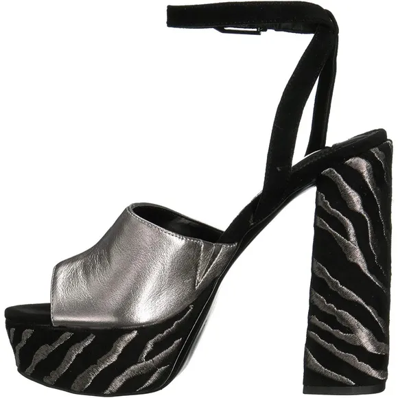 Dolce Vita Lisa Silver Black Leather Block Heel Platform Sandals Dress Shoes 9.5