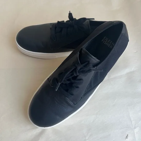 Eileen Fisher Koi Black Leather Mesh Casual Platform Padded Sneakers Comfy Shoes