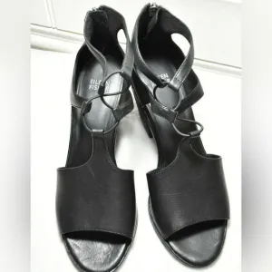 EILEEN FISHER LOU BLACK LEATHER BACKZIP FRONT LACE LOOP SANDALS SIZE 39‎