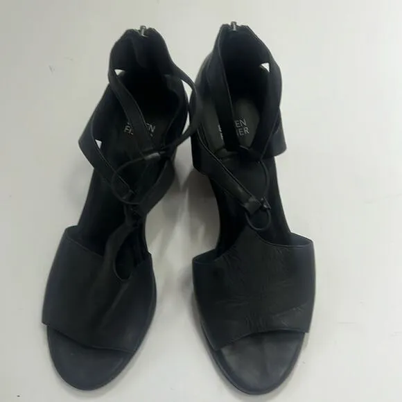 EILEEN FISHER LOU BLACK LEATHER BACKZIP FRONT LACE LOOP SANDALS SIZE 39‎
