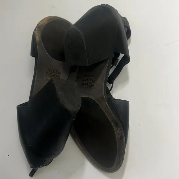EILEEN FISHER LOU BLACK LEATHER BACKZIP FRONT LACE LOOP SANDALS SIZE 39‎