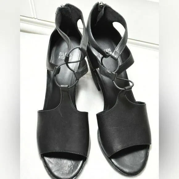 EILEEN FISHER LOU BLACK LEATHER BACKZIP FRONT LACE LOOP SANDALS SIZE 39‎