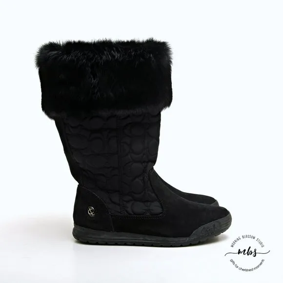 EUC Coach Talen Suede and Fur Quilted Winter Boots Black Women Size 5.5
