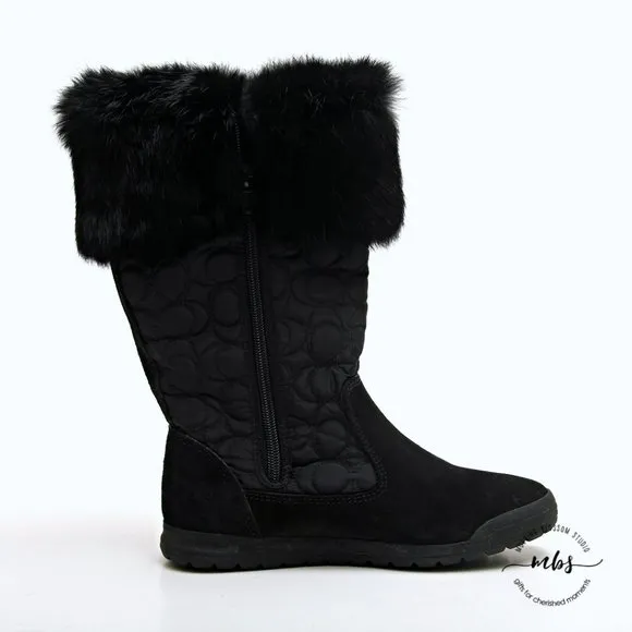 EUC Coach Talen Suede and Fur Quilted Winter Boots Black Women Size 5.5