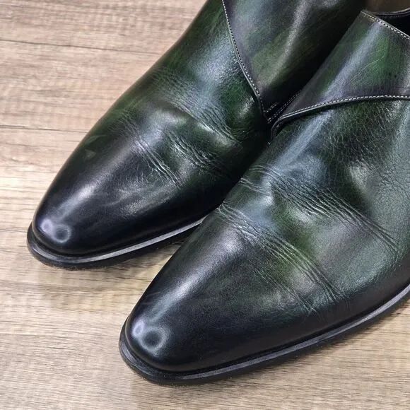 Fertini Men's Sz 44 US 10 Green Black Leather Monkstrap Dress Shoes (MSRP $375)