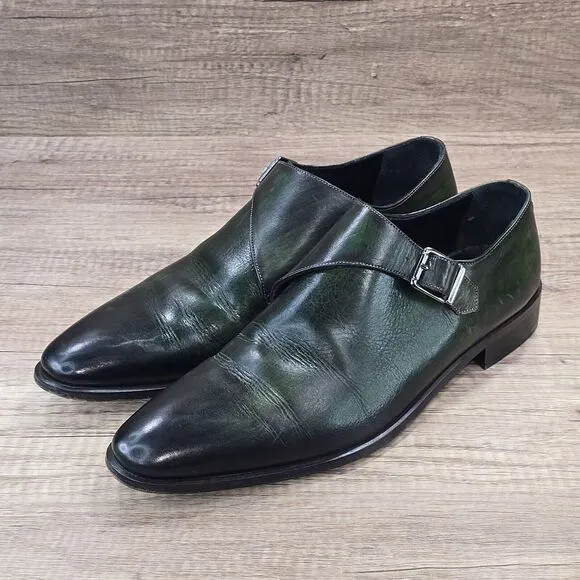 Fertini Men's Sz 44 US 10 Green Black Leather Monkstrap Dress Shoes (MSRP $375)