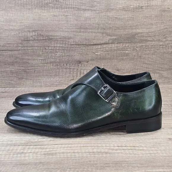 Fertini Men's Sz 44 US 10 Green Black Leather Monkstrap Dress Shoes (MSRP $375)
