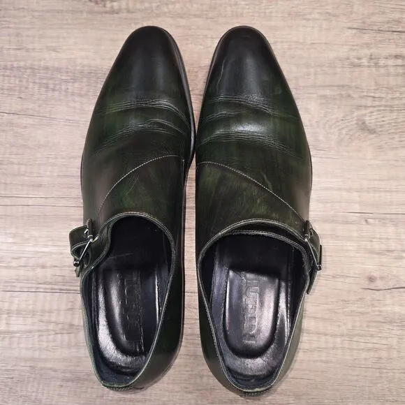 Fertini Men's Sz 44 US 10 Green Black Leather Monkstrap Dress Shoes (MSRP $375)