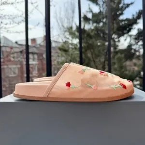 Free People Artisan Delilah Mules Slip On Flats Shoes Sheer Floral Mesh Tan New