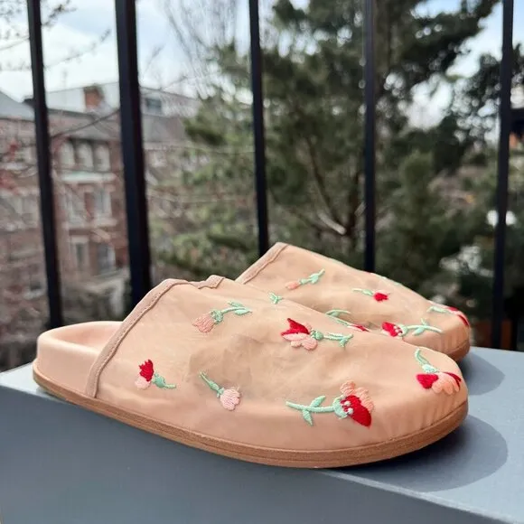 Free People Artisan Delilah Mules Slip On Flats Shoes Sheer Floral Mesh Tan New