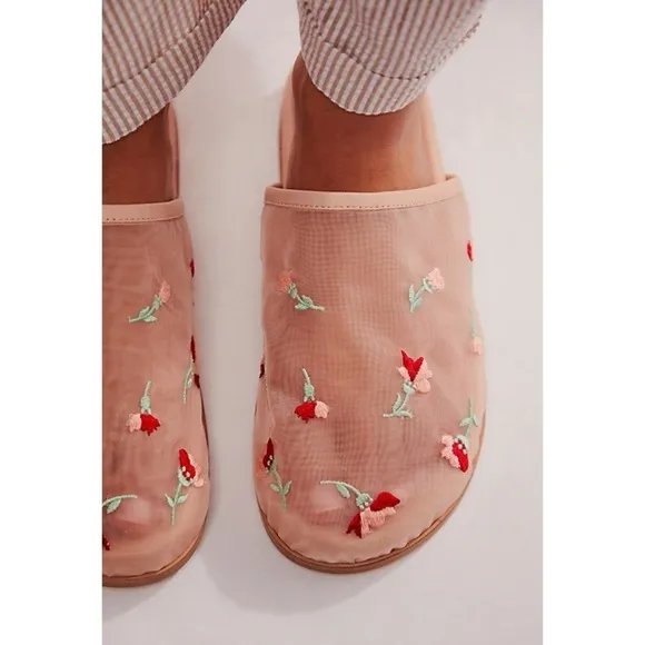 Free People Artisan Delilah Mules Slip On Flats Shoes Sheer Floral Mesh Tan New