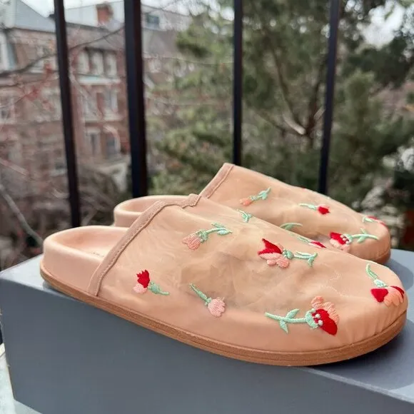 Free People Artisan Delilah Mules Slip On Flats Shoes Sheer Floral Mesh Tan New