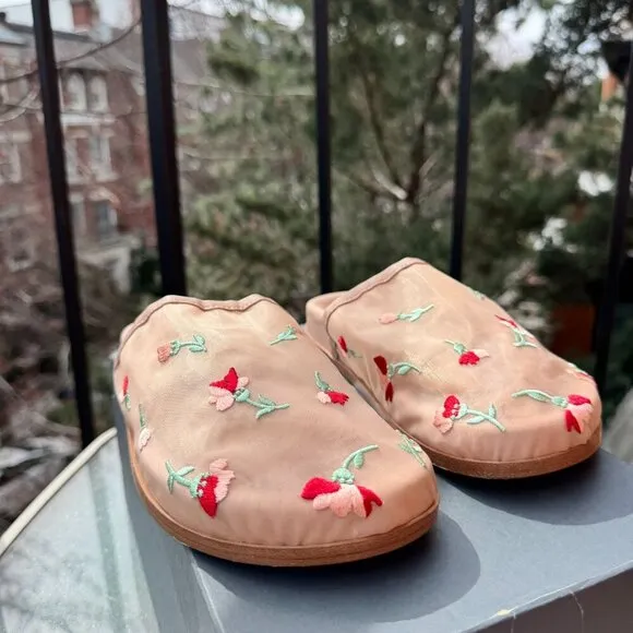 Free People Artisan Delilah Mules Slip On Flats Shoes Sheer Floral Mesh Tan New
