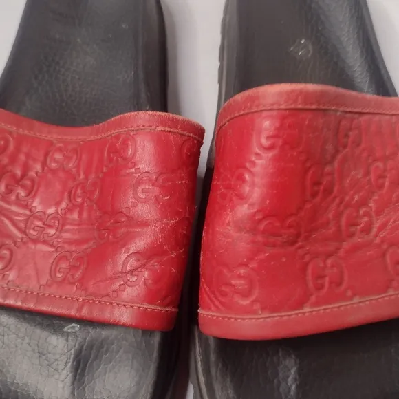 Gucci Men's Signature Guccissa Leather Slide Sandals 10 Red