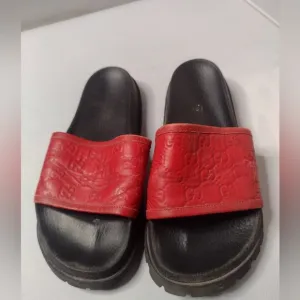 Gucci Men's Signature Guccissa Leather Slide Sandals 10 Red