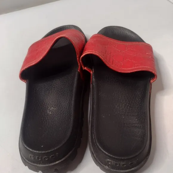 Gucci Men's Signature Guccissa Leather Slide Sandals 10 Red
