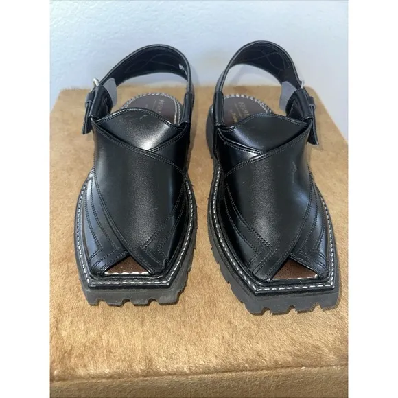 Handmade‎ Men Captan Peshawari Chapal Sandal Black Leather Upper Size 8 US NEW