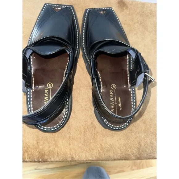 Handmade‎ Men Captan Peshawari Chapal Sandal Black Leather Upper Size 8 US NEW