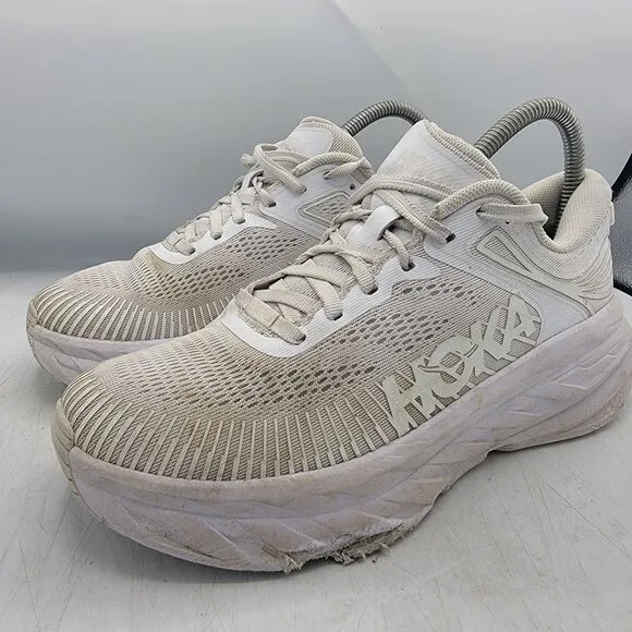 Hoka One One Bondi 7 Womens 7.5 Triple White Athletic Running Shoes Walking