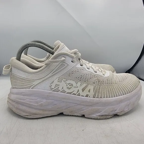 Hoka One One Bondi 7 Womens 7.5 Triple White Athletic Running Shoes Walking