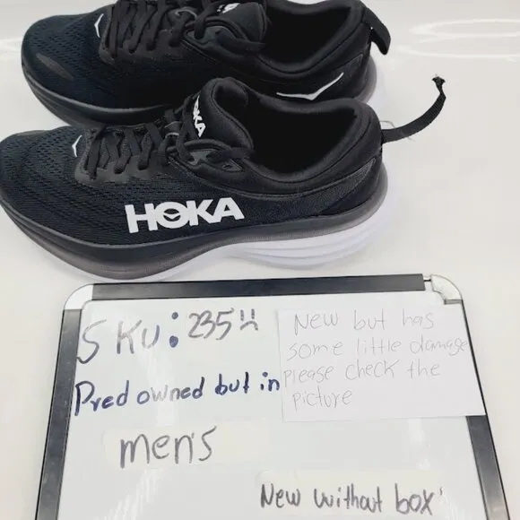 Hoka One One Men's Black White Bondi 8 Mesh Athletic Running Shoes Size 8D