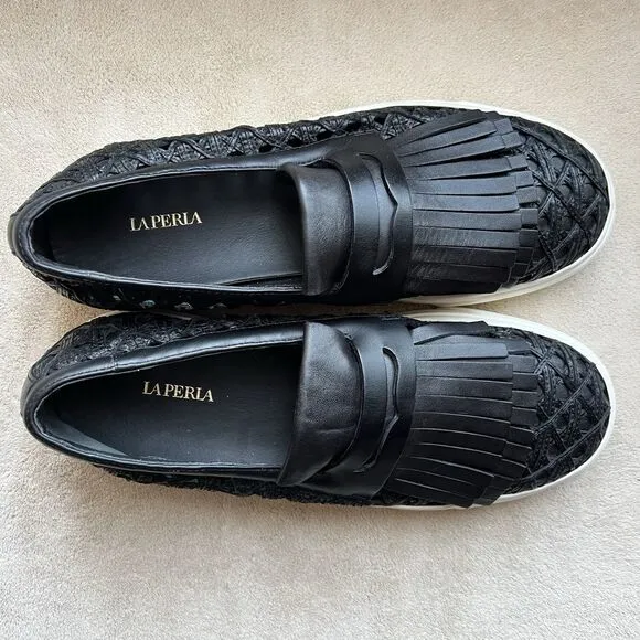 La Perla by Giuseppe Zanotti Black Woven Leather Sneaker Loafer EU 43 US 12.5