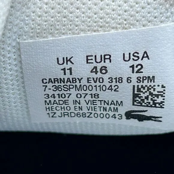 Lacoste Carnaby Evo Sneakers Men's Size 12‎ White Leather Shoes Casual Low Top