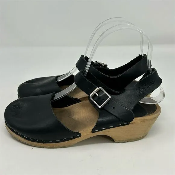 Lotta from Stockholm Black Leather Slingback Sandal Clogs Size 36 Casual Retro