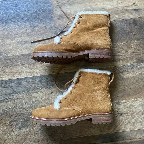 Madewell Boots Lace Up Suede Shearling Winter Combat Chunky Lug Sole Brown Cream
