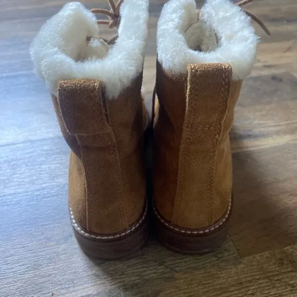 Madewell Boots Lace Up Suede Shearling Winter Combat Chunky Lug Sole Brown Cream