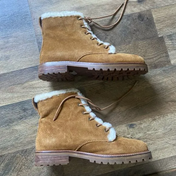 Madewell Boots Lace Up Suede Shearling Winter Combat Chunky Lug Sole Brown Cream