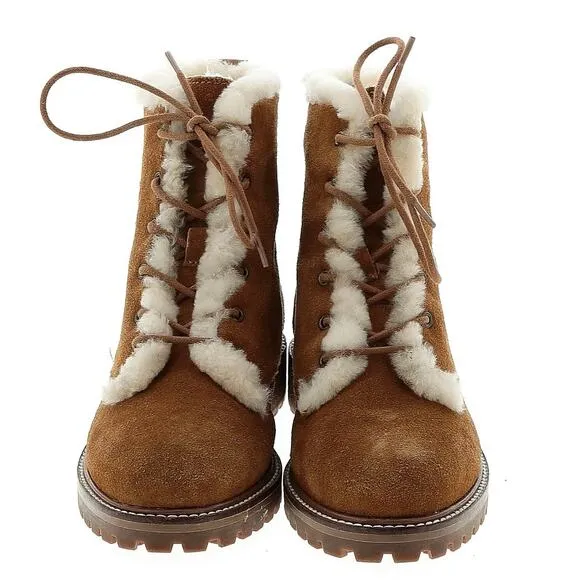 Madewell Boots Lace Up Suede Shearling Winter Combat Chunky Lug Sole Brown Cream
