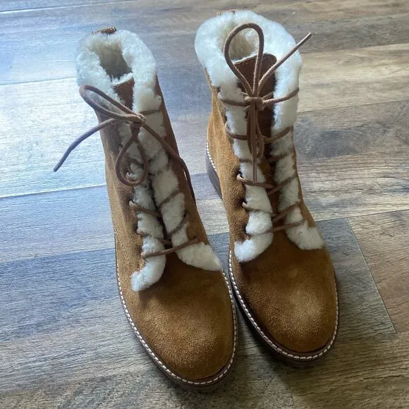 Madewell Boots Lace Up Suede Shearling Winter Combat Chunky Lug Sole Brown Cream