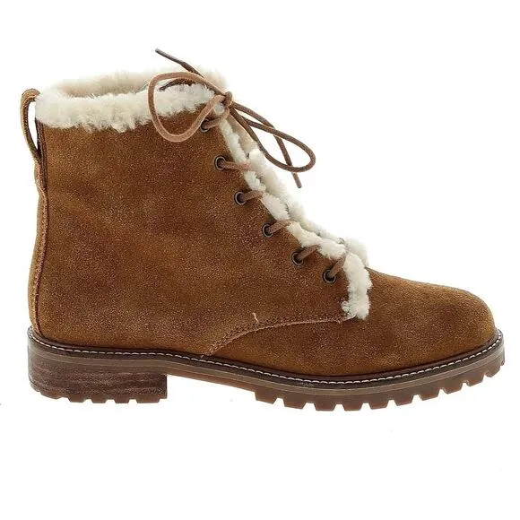 Madewell Boots Lace Up Suede Shearling Winter Combat Chunky Lug Sole Brown Cream