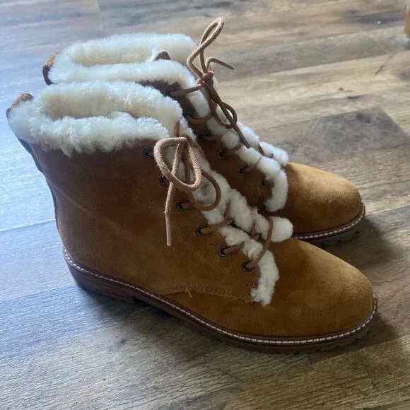 Madewell Boots Lace Up Suede Shearling Winter Combat Chunky Lug Sole Brown Cream