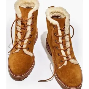 Madewell Boots Lace Up Suede Shearling Winter Combat Chunky Lug Sole Brown Cream