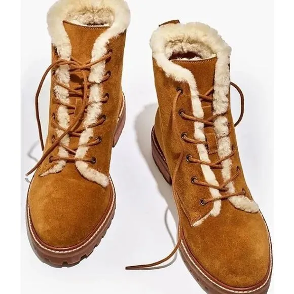 Madewell Boots Lace Up Suede Shearling Winter Combat Chunky Lug Sole Brown Cream
