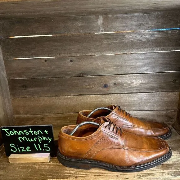 Mens Johnston &amp; Murphy Brown Leather Plain Toe Dress Derby Shoes Size 11.5 M GUC