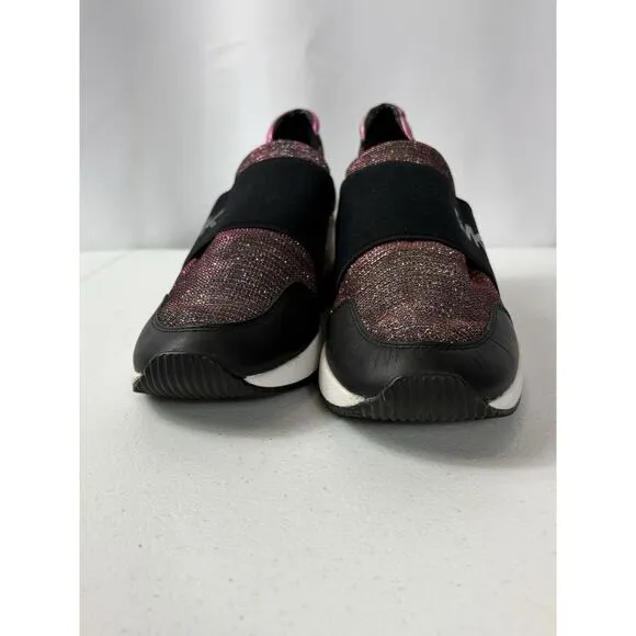 Michael Kors Women’s Leather Felix Trainer Shoes Size 9.5 Black Pink Chain Mesh