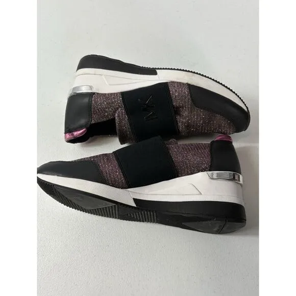 Michael Kors Women’s Leather Felix Trainer Shoes Size 9.5 Black Pink Chain Mesh