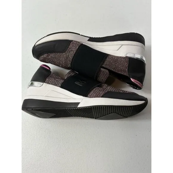 Michael Kors Women’s Leather Felix Trainer Shoes Size 9.5 Black Pink Chain Mesh